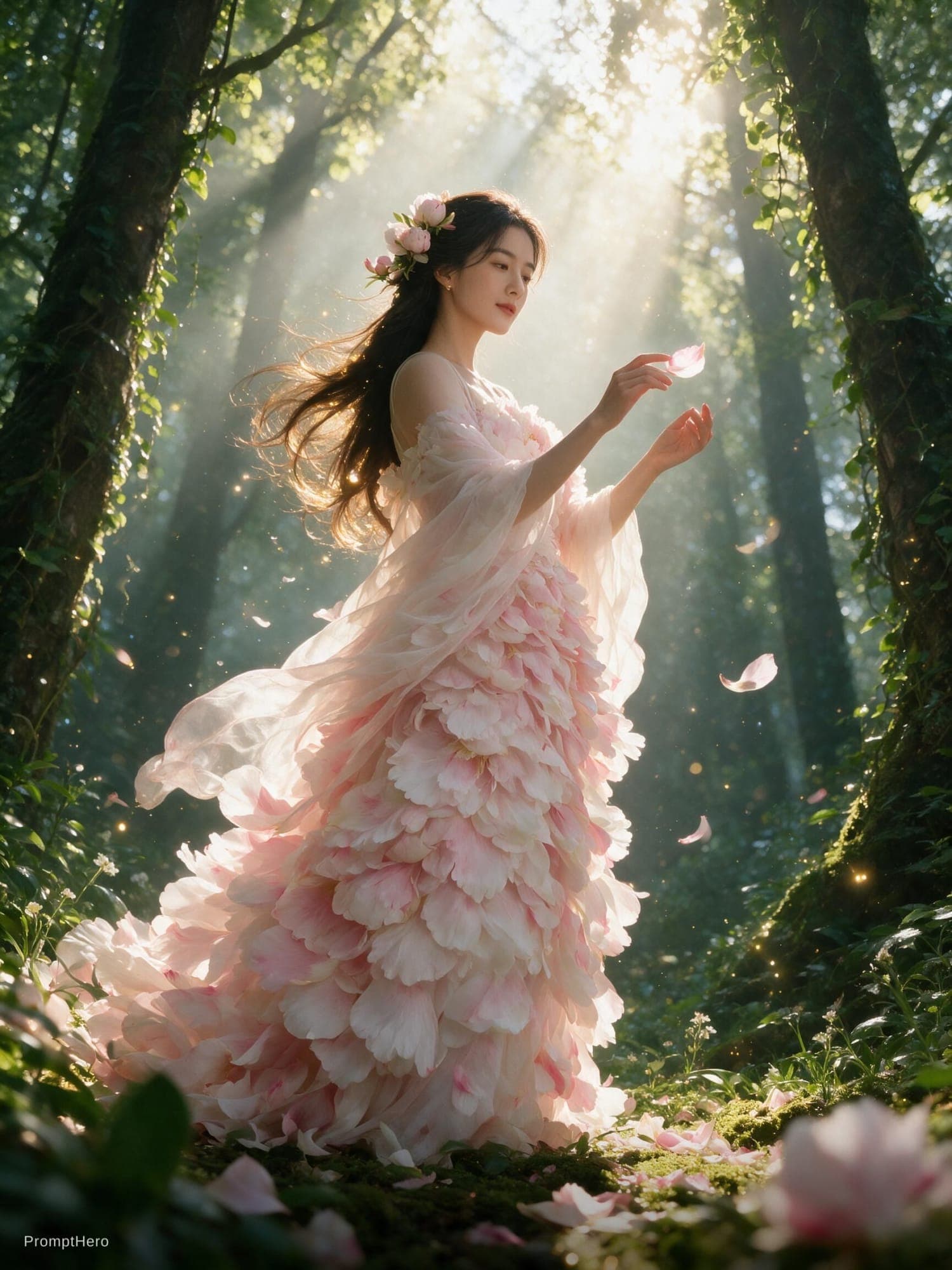 Hero prompt: 角色设定:一位由牡丹花幻化而成的花仙子,形象为3D写实风格,面容精致,不要卡通风。身穿由层层叠叠、渐...