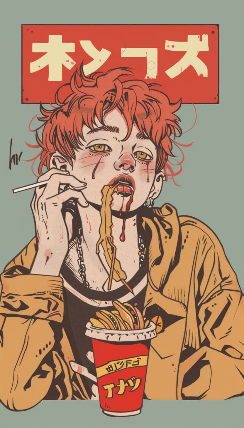 Midjourney prompt: fast food ad, billboard sign, 90s, anime, japanese...