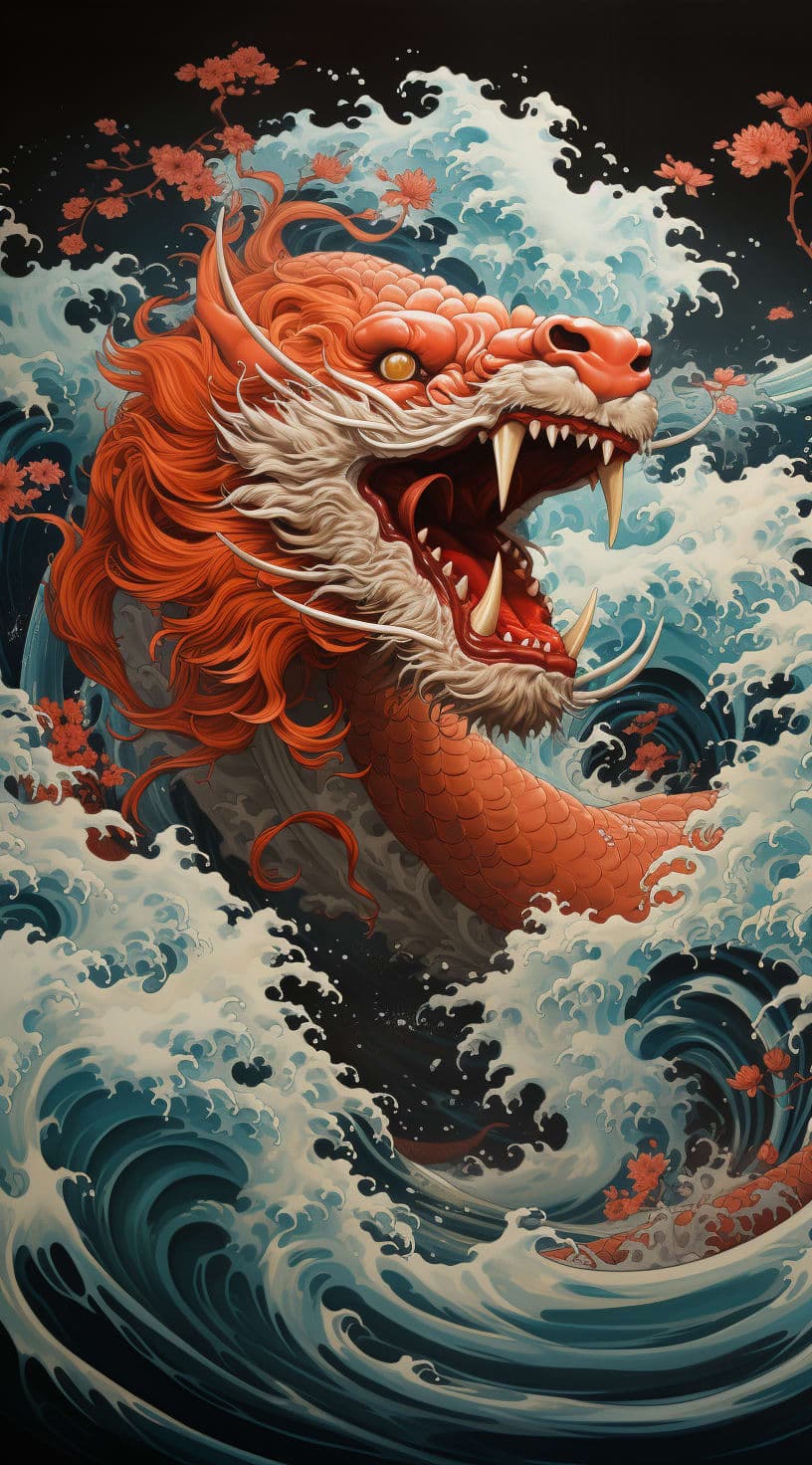 Midjourney prompt: red dragon in the waves art print, in the style of...