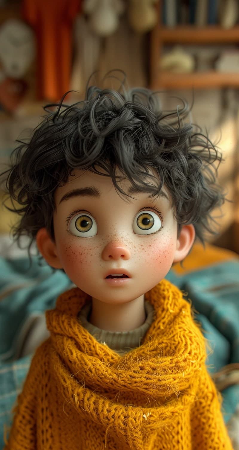 Midjourney prompt: a boy with curly hair and yellow shirt, in the sty...