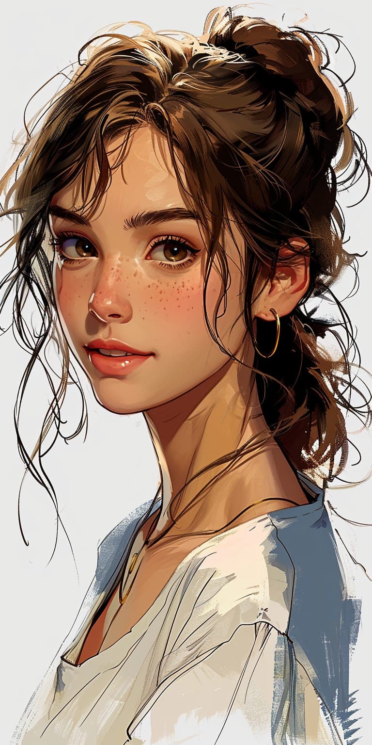 Midjourney prompt: a simple cartoon of a beautiful woman with brown h...