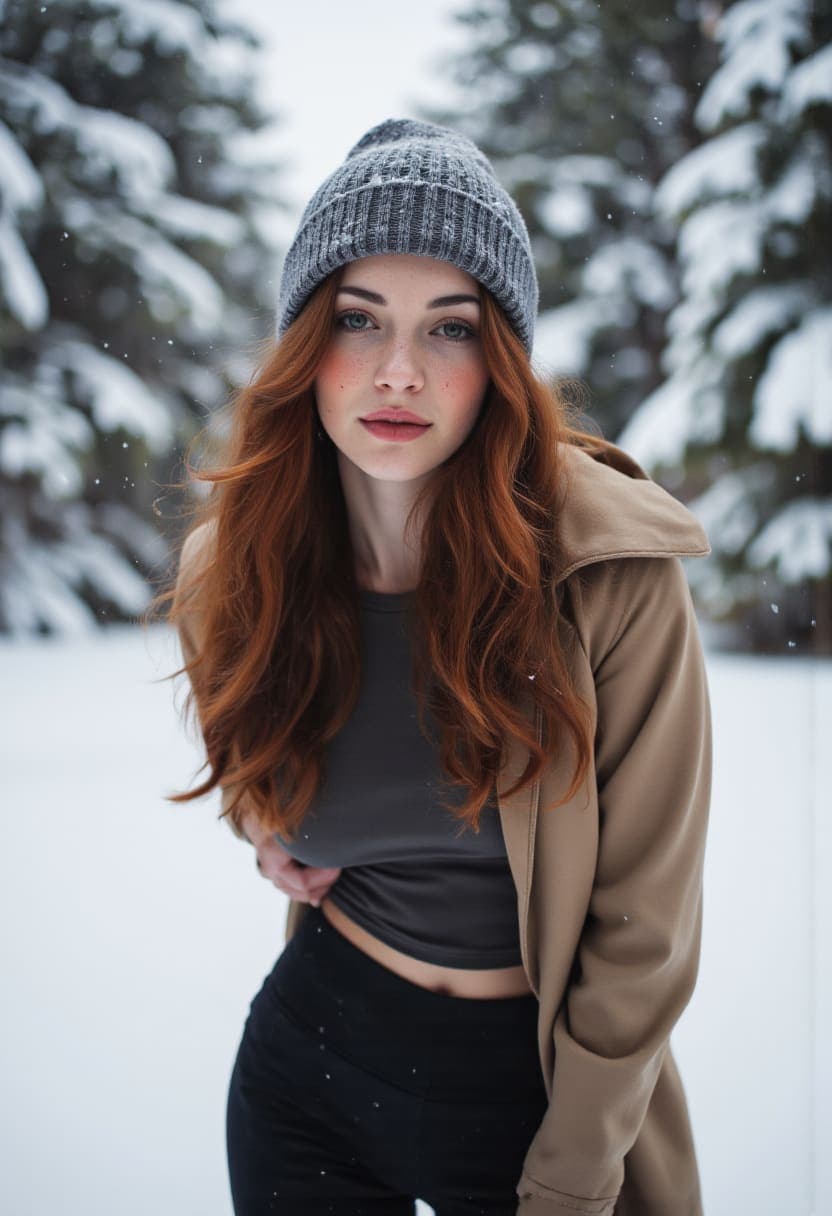 FLUX prompt: A woman stands in the midst of a winter wonderland...